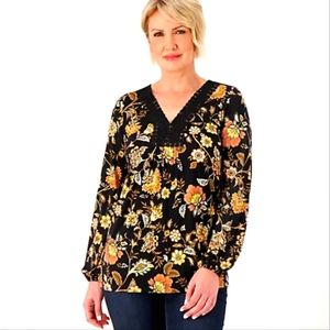 Susan Graver Weekend Floral Blouse with Crochet Trim Neckline
